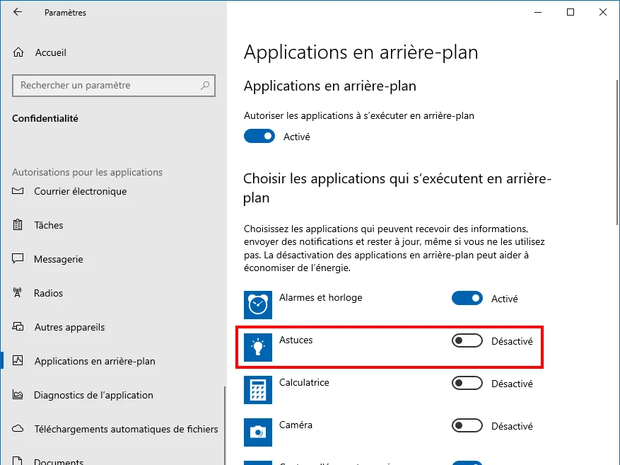 Windows 10 settings for apps allowed to run in the background