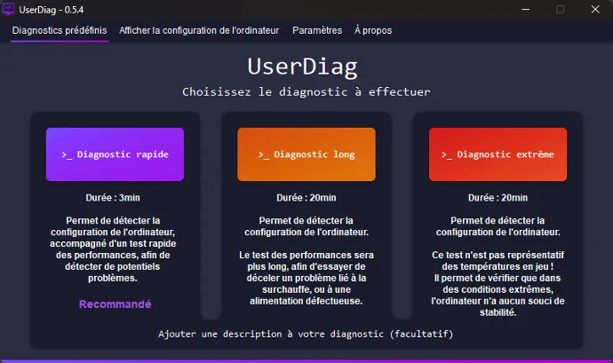 UserDiag home screen with the quick, long and extreme diagnostics