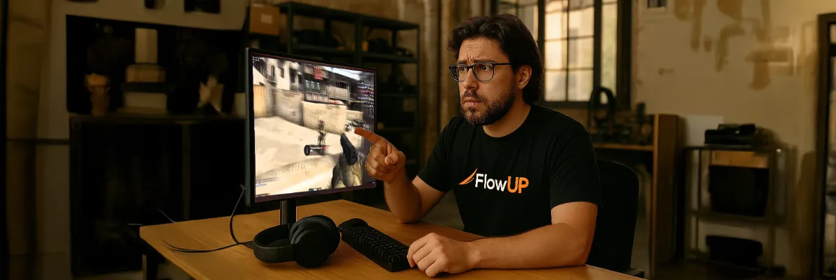 FlowUP technician in front of a gaming screen, explaining a lag issue