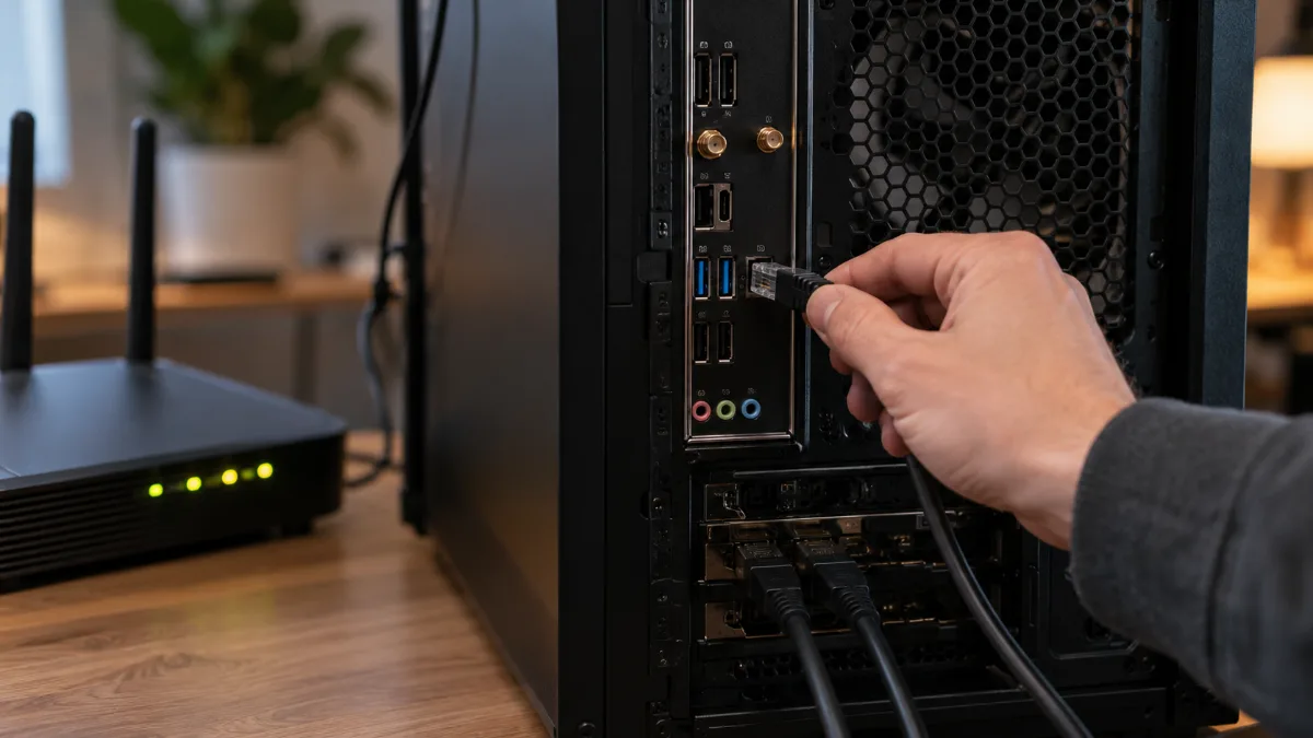 Person connecting an Ethernet cable to the back of a gaming PC, internet box next to it