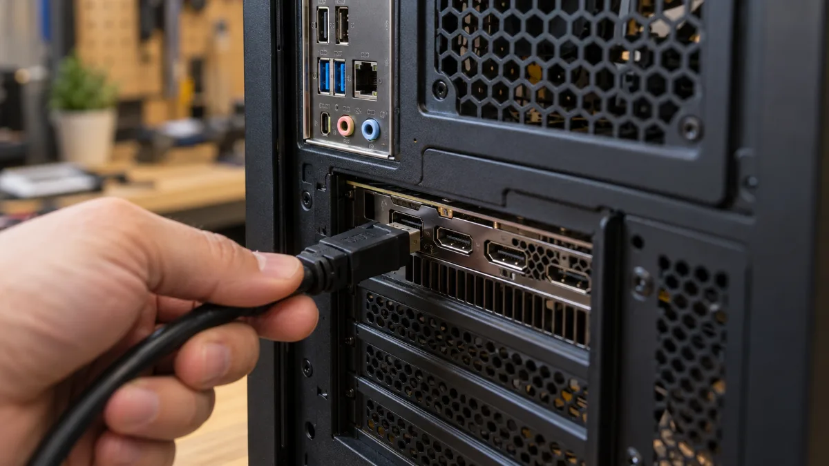 DisplayPort cable connected to a graphics card output on the back of a gaming PC