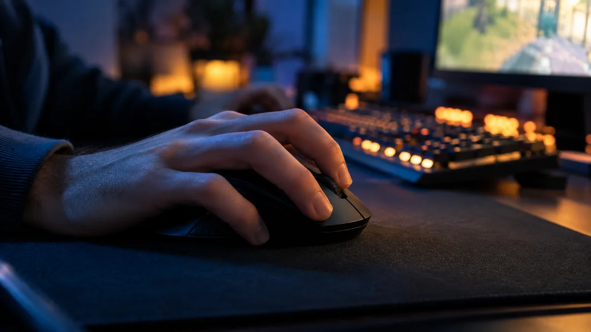 Hand of a player on a wireless gaming mouse resting on a large mouse mat.