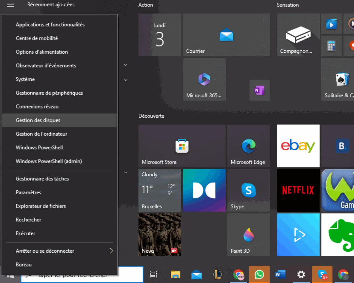 Right-click menu on the Start button with the Disk Management entry