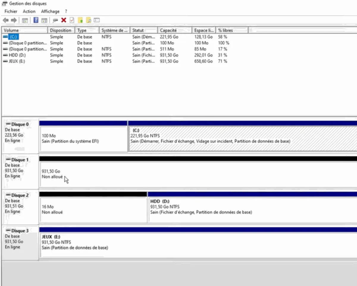 Windows Disk Management showing a drive listed as unallocated