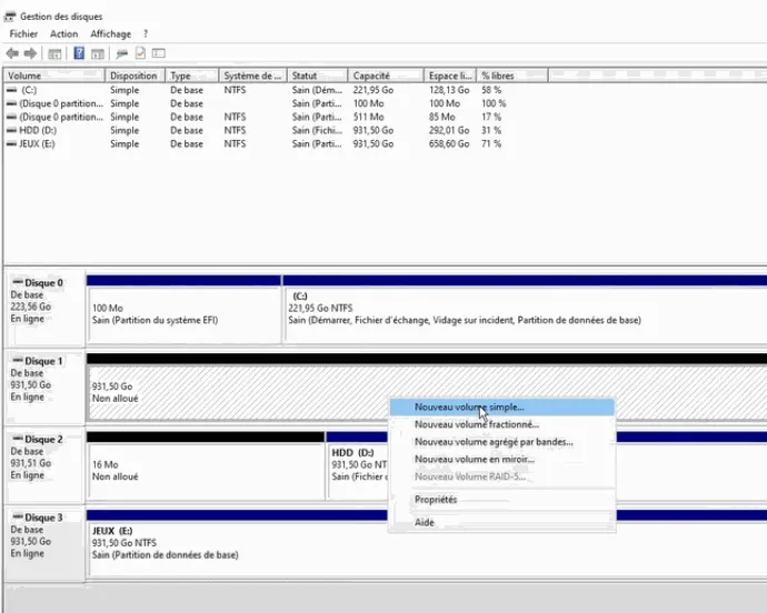 Right-click an unallocated space and choose New Simple Volume