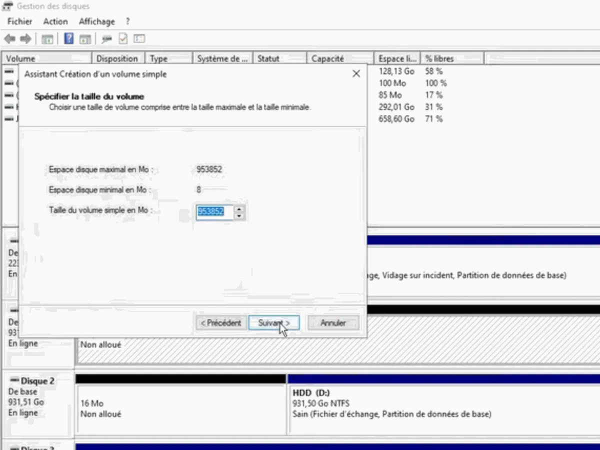 Choosing the size of the simple volume in MB in the wizard