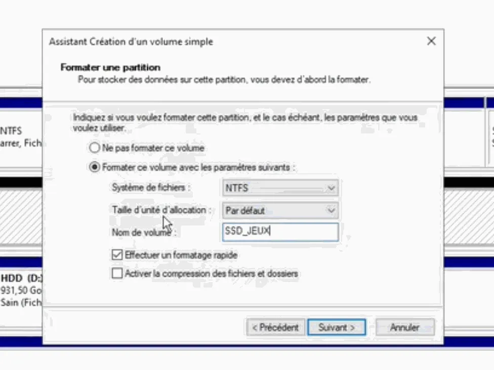Entering the SSD_GAMES volume name in the formatting wizard