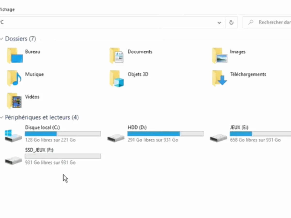Windows File Explorer showing the new SSD drive SSD_JEUX