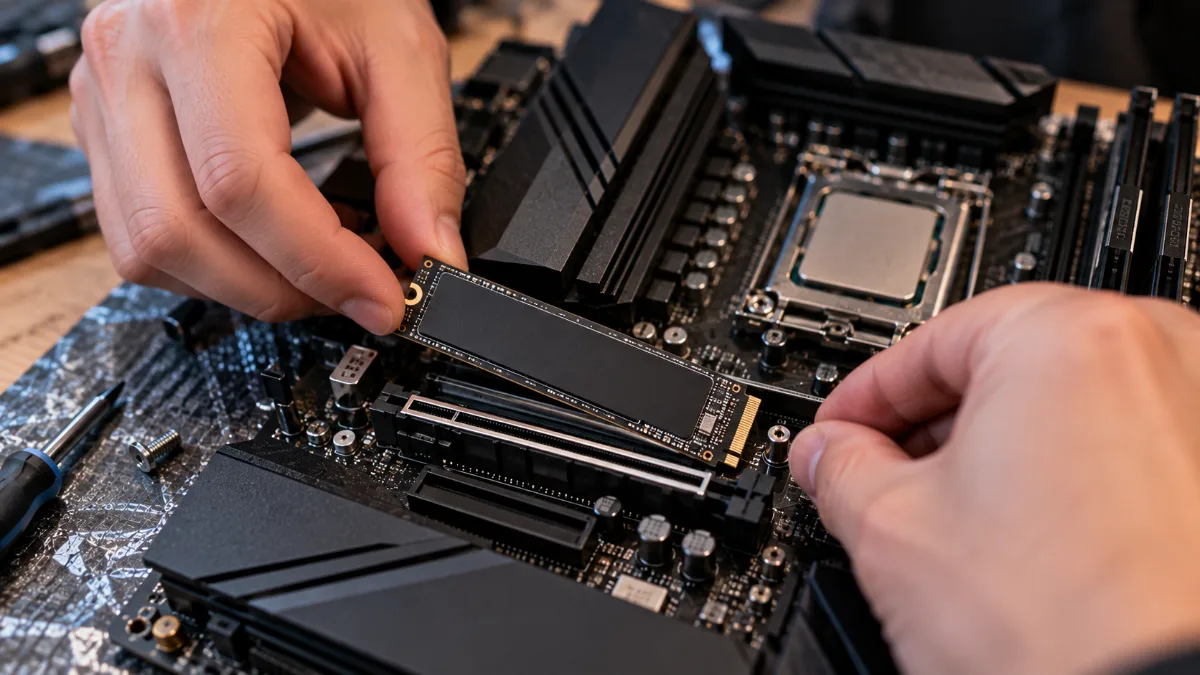 Hands inserting an M.2 NVMe SSD into the M.2 slot on a motherboard