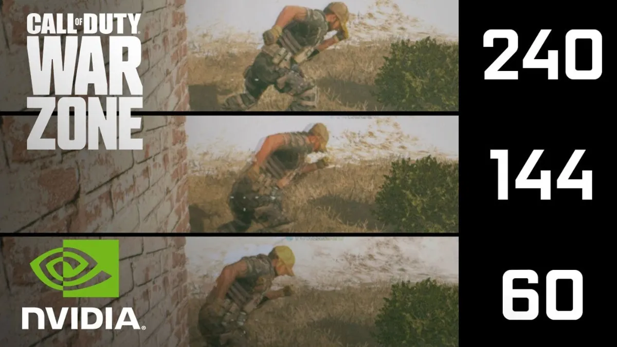 The same Call of Duty Warzone scene shown at 240, 144 and 60 FPS