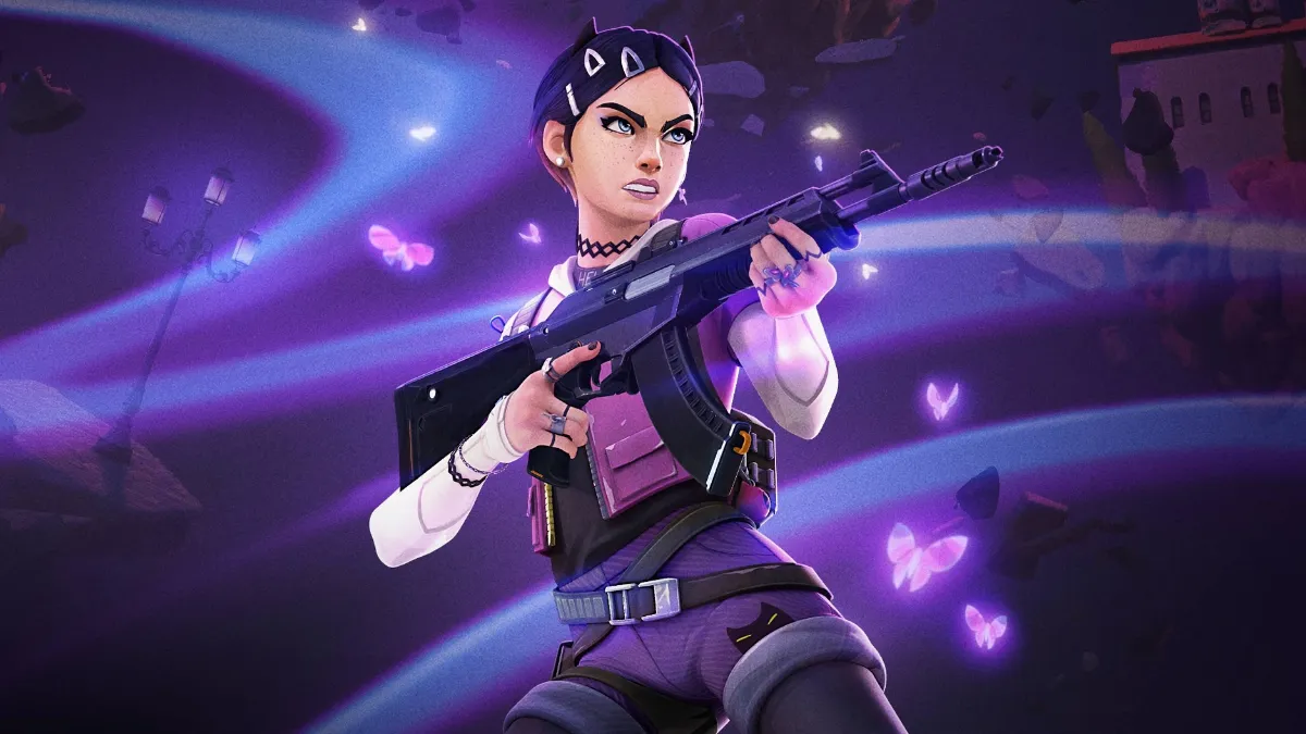 Valorant character holding a weapon on a violet background