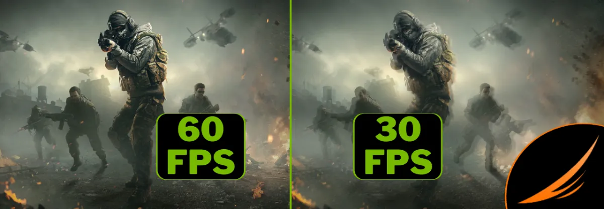 Comparison of the same game scene shown at 60 FPS and 30 FPS