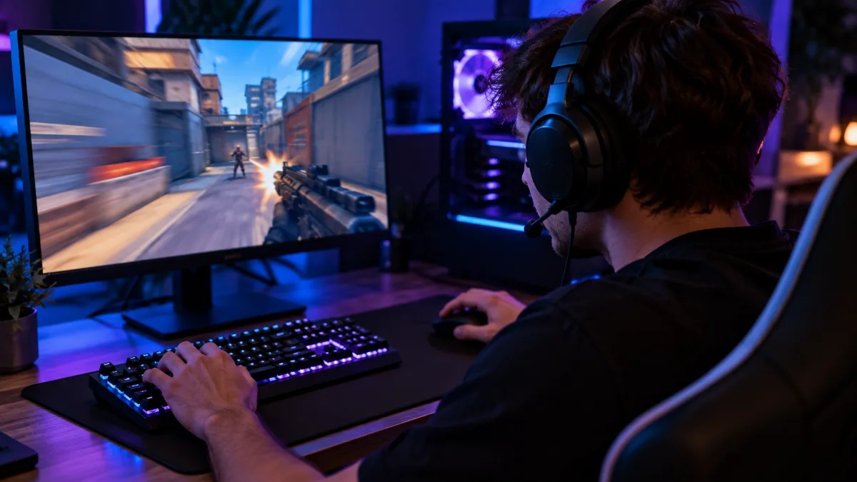 Esports player focused in front of a fast gaming monitor during a shooter match