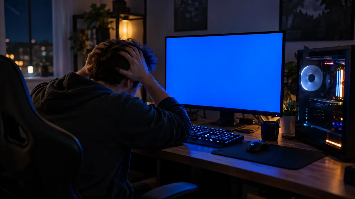 Joueur se tenant la tête devant un écran de PC devenu entièrement bleu
