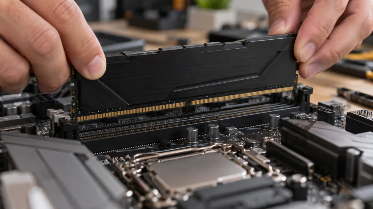 Mains retirant une barrette de mémoire DDR5 de son slot sur une carte mère
