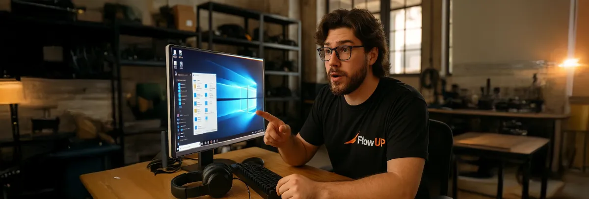 FlowUP technician explaining how to clean temporary files in front of a PC