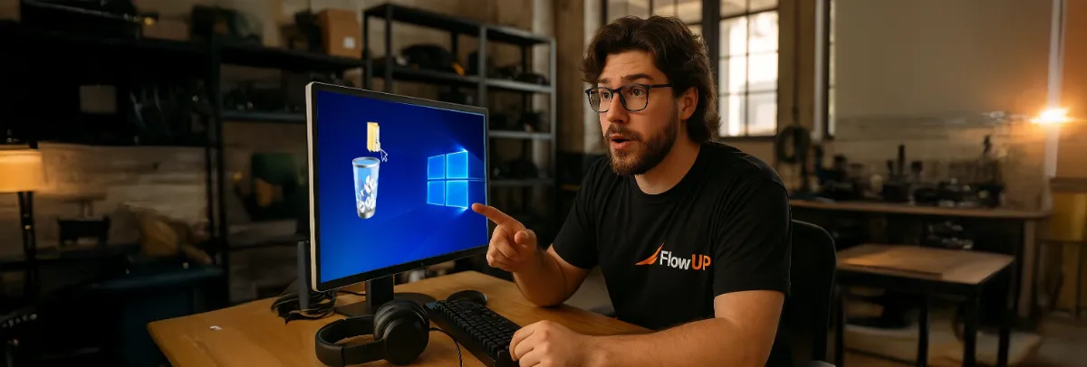 FlowUP technician in front of a PC explaining which files to delete