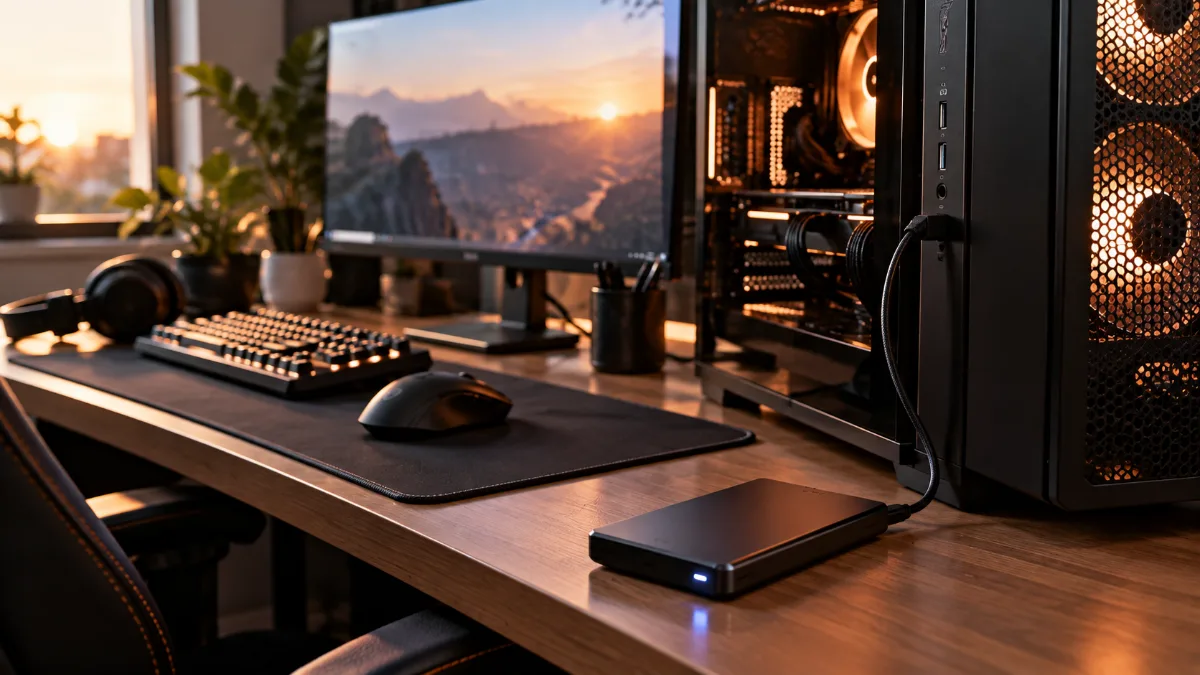 External hard drive connected via USB next to a gaming PC tower