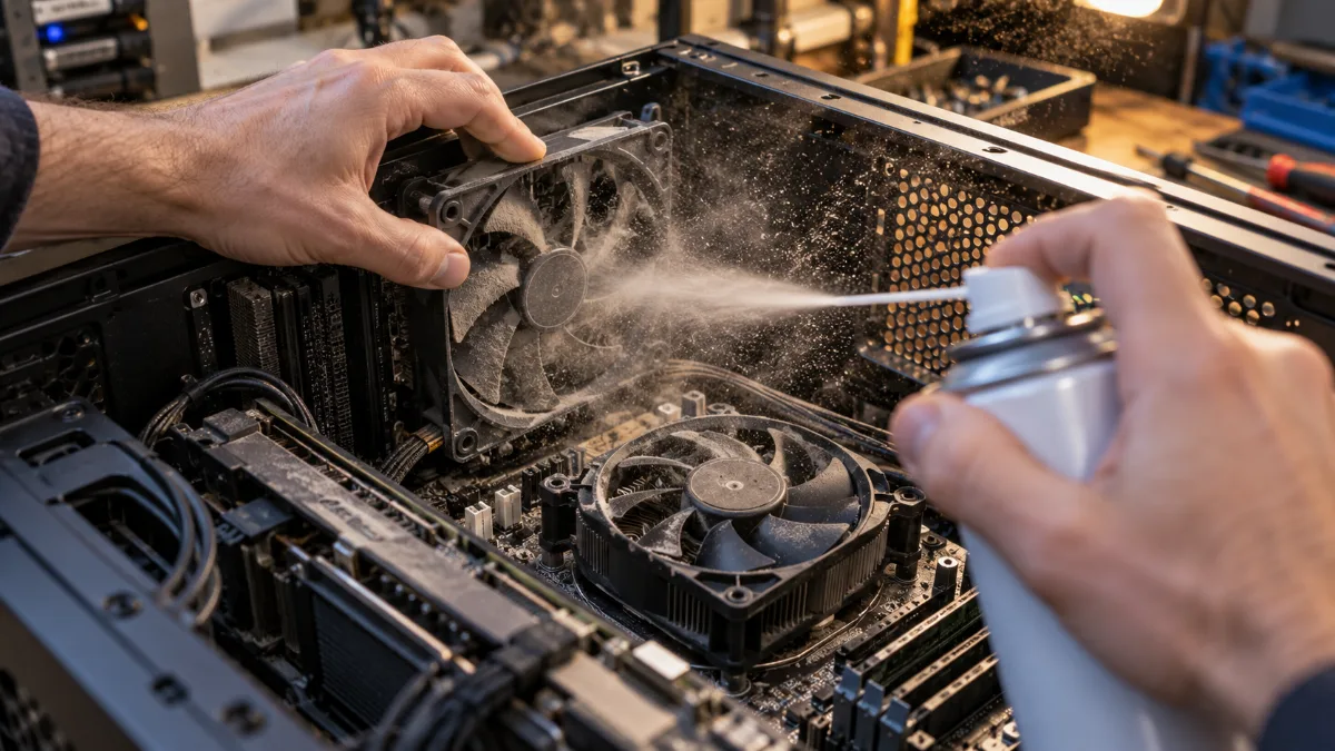 Main bloquant un ventilateur pendant le soufflage à l'air comprimé dans un PC