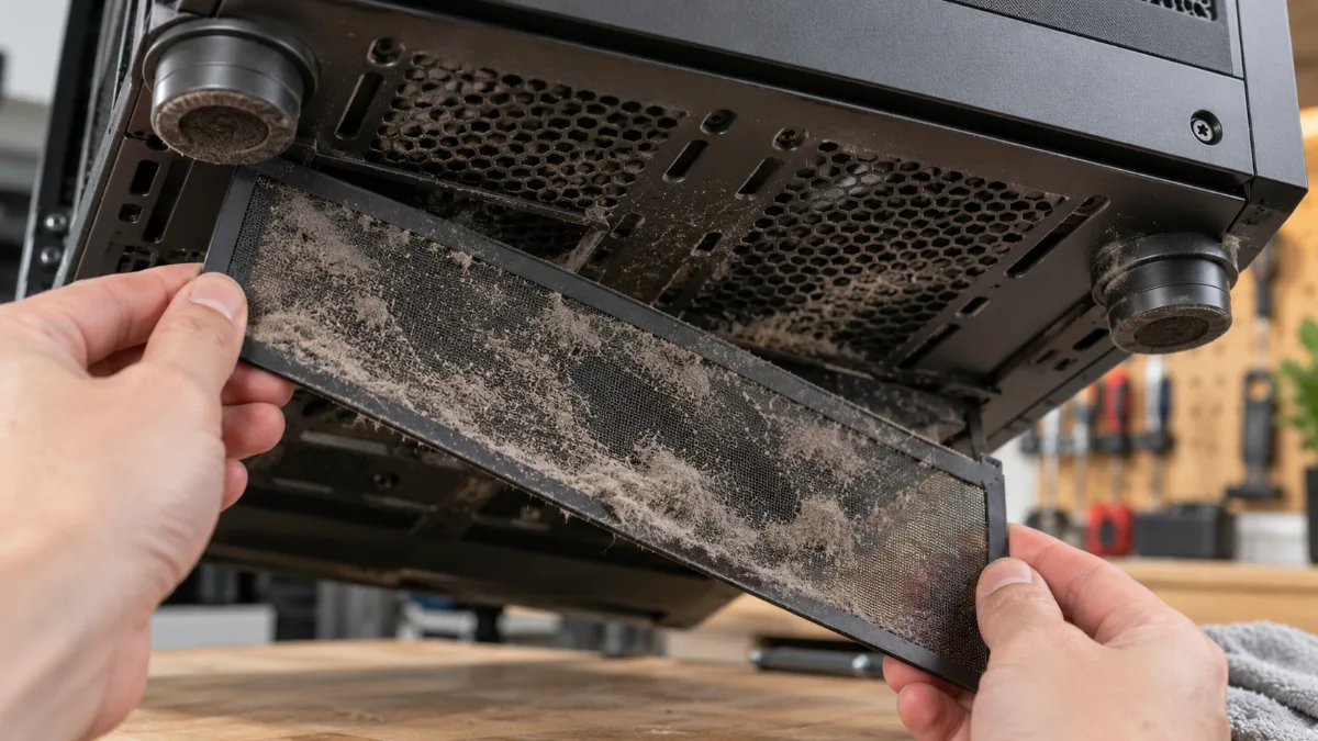 Mains retirant un filtre anti-poussière encrassé sous un boîtier PC