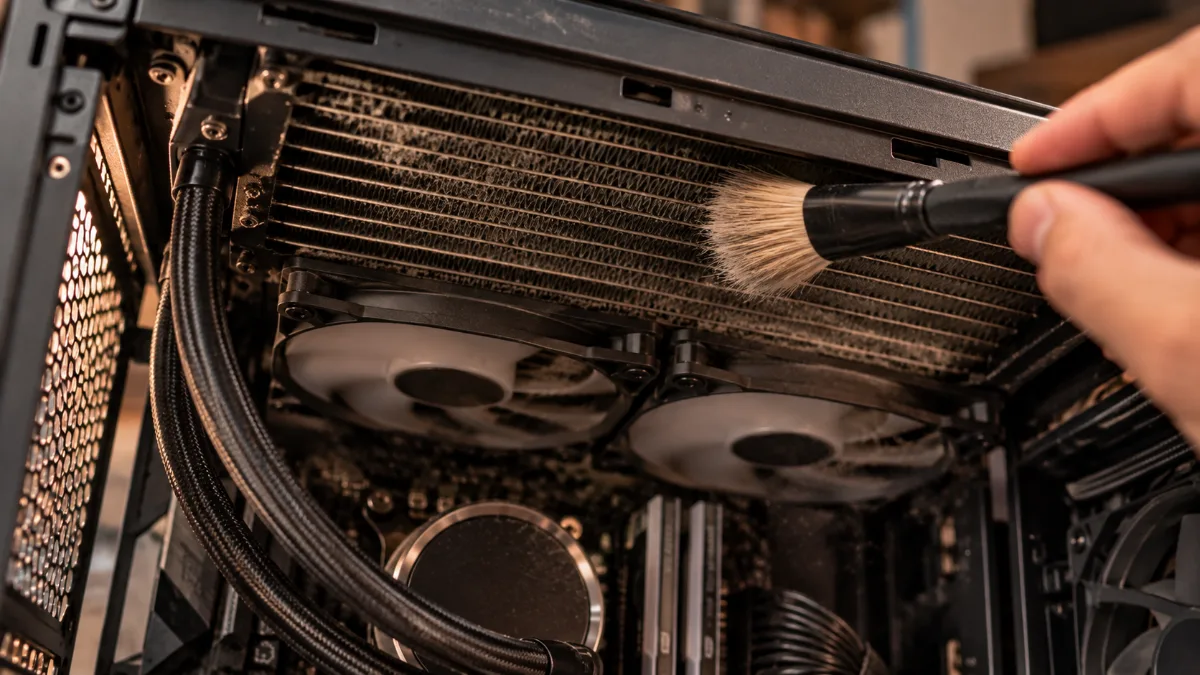 Pinceau passé entre les ailettes du radiateur d'un watercooling AIO