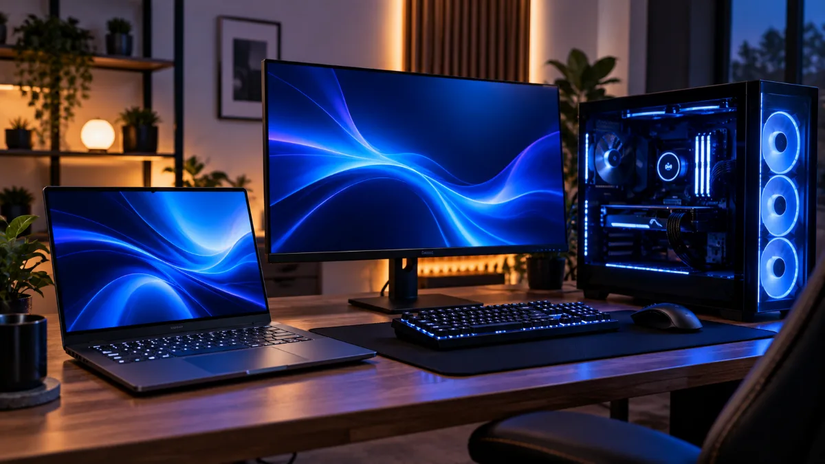 Laptop en desktop gaming-pc’s naast elkaar aan