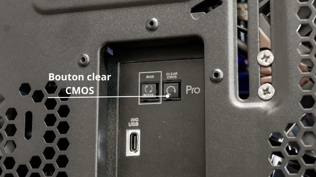 Clear CMOS button on the rear panel of a motherboard