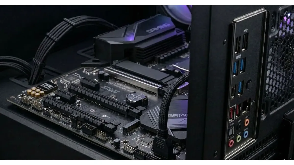 Motherboard of a gaming PC seen from inside the case