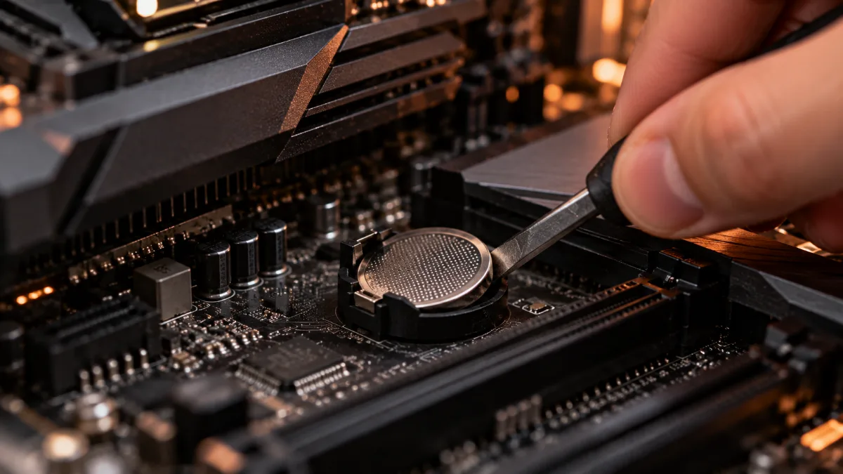 A small screwdriver lifting the CR2032 battery from its holder on a motherboard