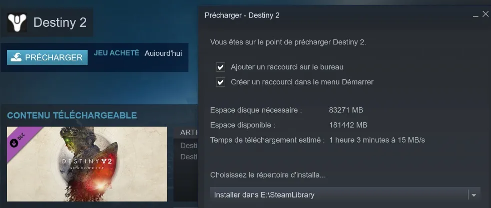 Game preloading window in Steam with the choice of installation folder