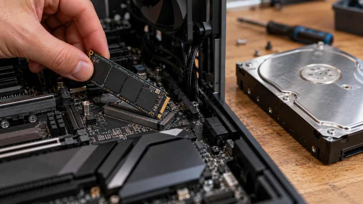 Installing an M.2 NVMe SSD on a motherboard, next to an old hard drive