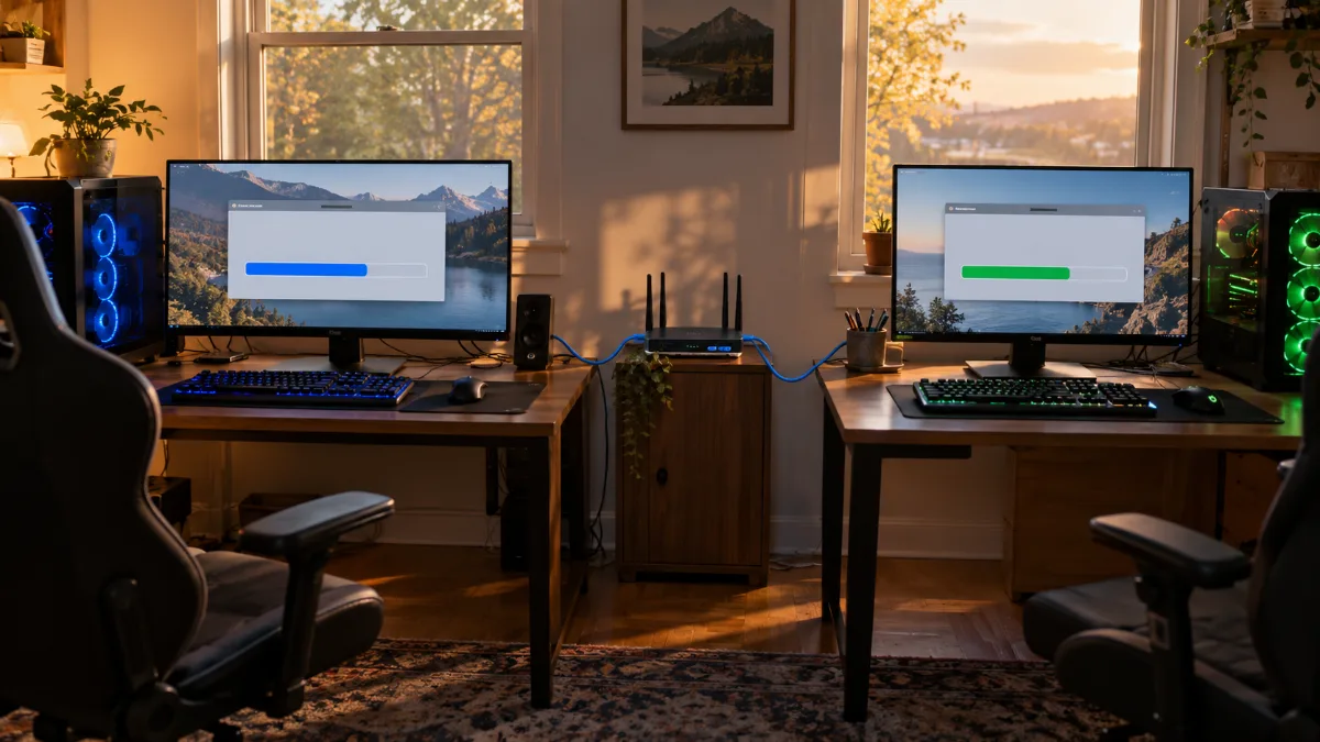 Two gaming PCs connected to the same router over Ethernet for a local network game transfer