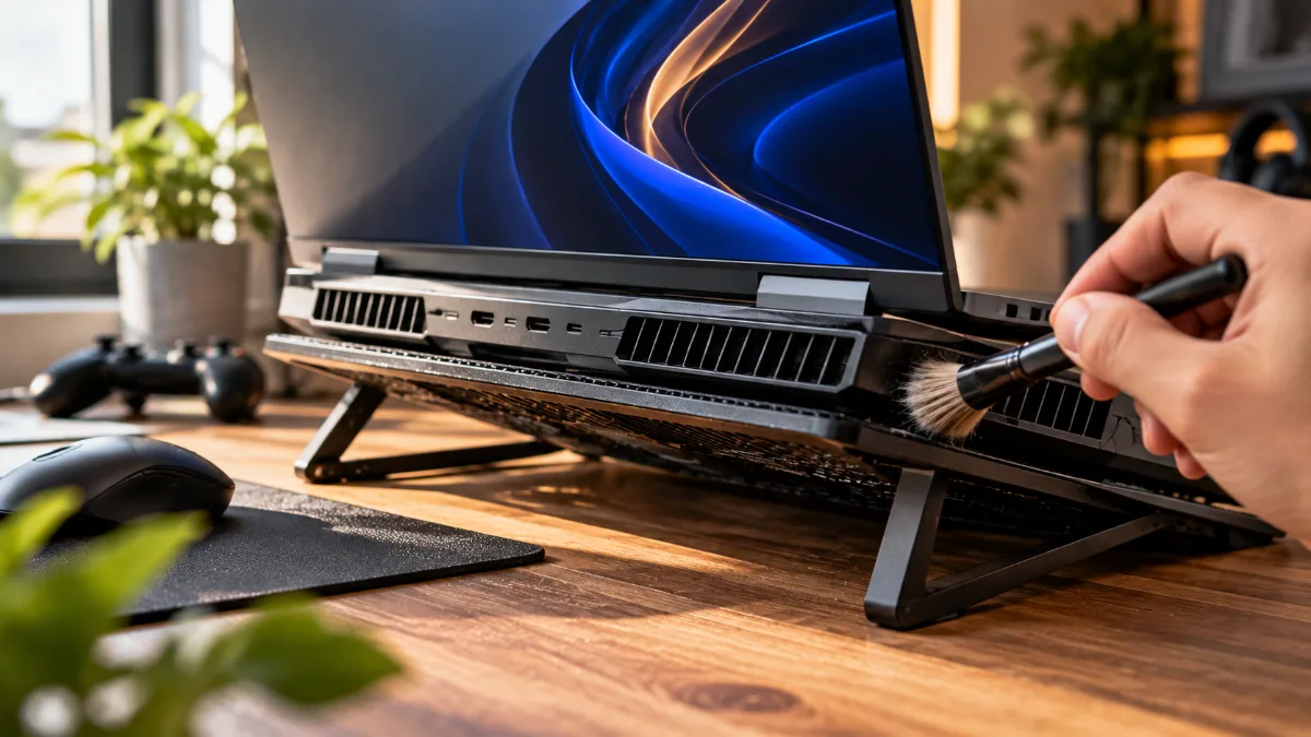 Gaming-laptop op een ventilatiestandaard, ventilatieroosters gereinigd met een borsteltje