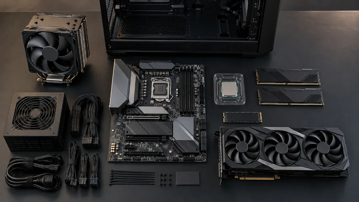 Les composants d'un PC gaming alignés avant le montage : carte mère, processeur, RAM, SSD, carte graphique, alimentation et ventirad