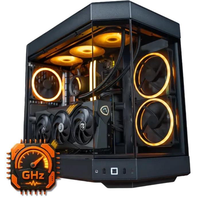 FlowUP gaming PC cooled by water cooling, with a GHz frequency icon