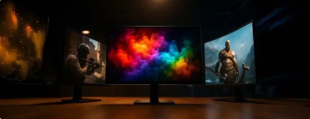 Multi-monitor gamingsetup met drie monitoren waarop gamebeelden staan