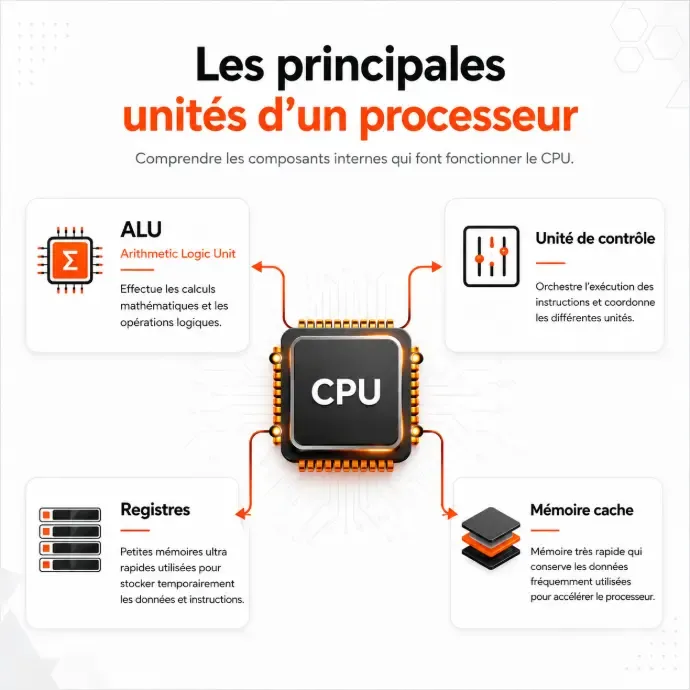 Schéma des principales unités d'un processeur : ALU, unité de contrôle, registres et mémoire cache