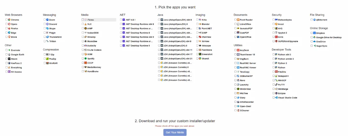Ninite page to choose and install multiple software applications at once