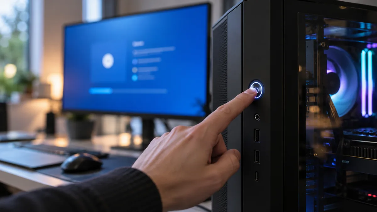 Finger pressing the power button on the front of a gaming PC tower
