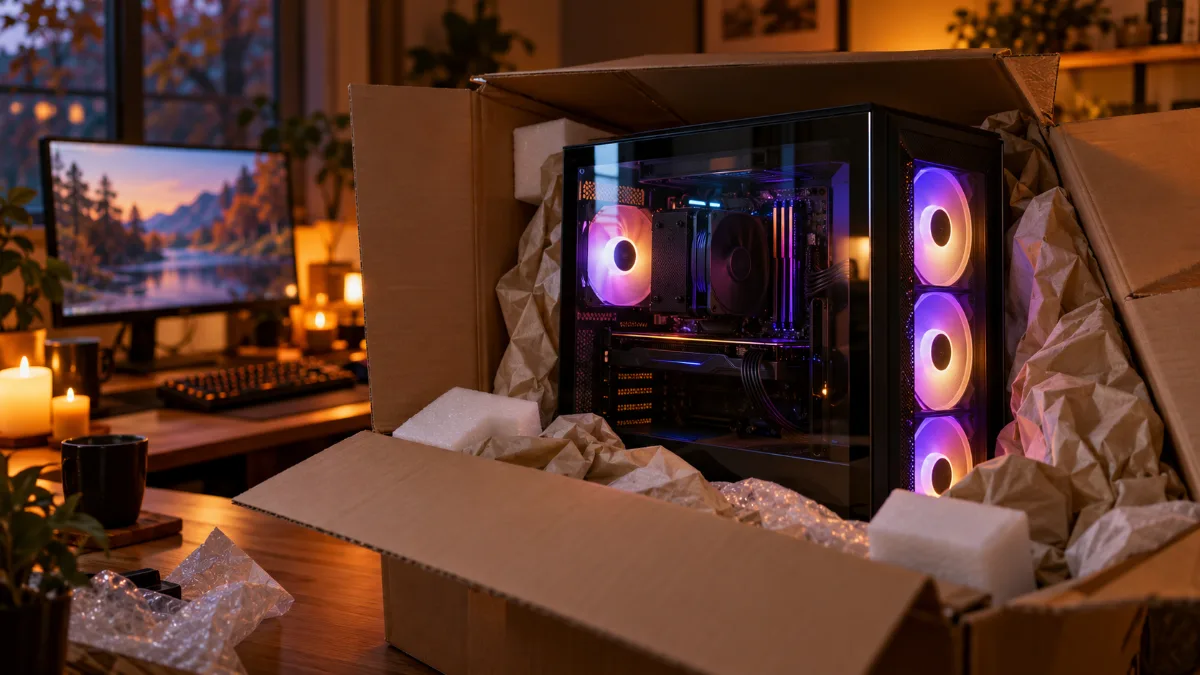 PC gamer FlowUP dans son carton de livraison ouvert