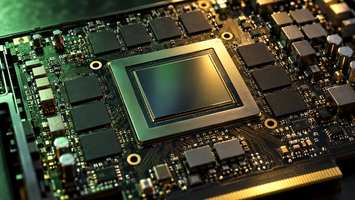GPU-chip omringd door zijn videogeheugenchips op het circuit van een high-end grafische kaart