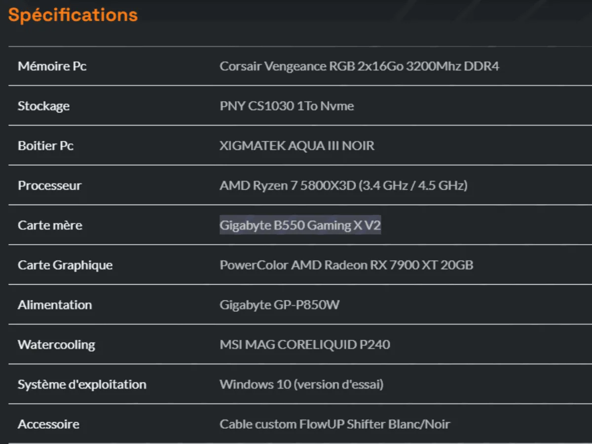 Spécifications d'un PC gamer FlowUP indiquant le modèle de carte graphique