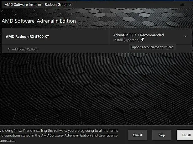 Logiciel AMD Software Adrenalin Edition proposant la mise à jour du pilote