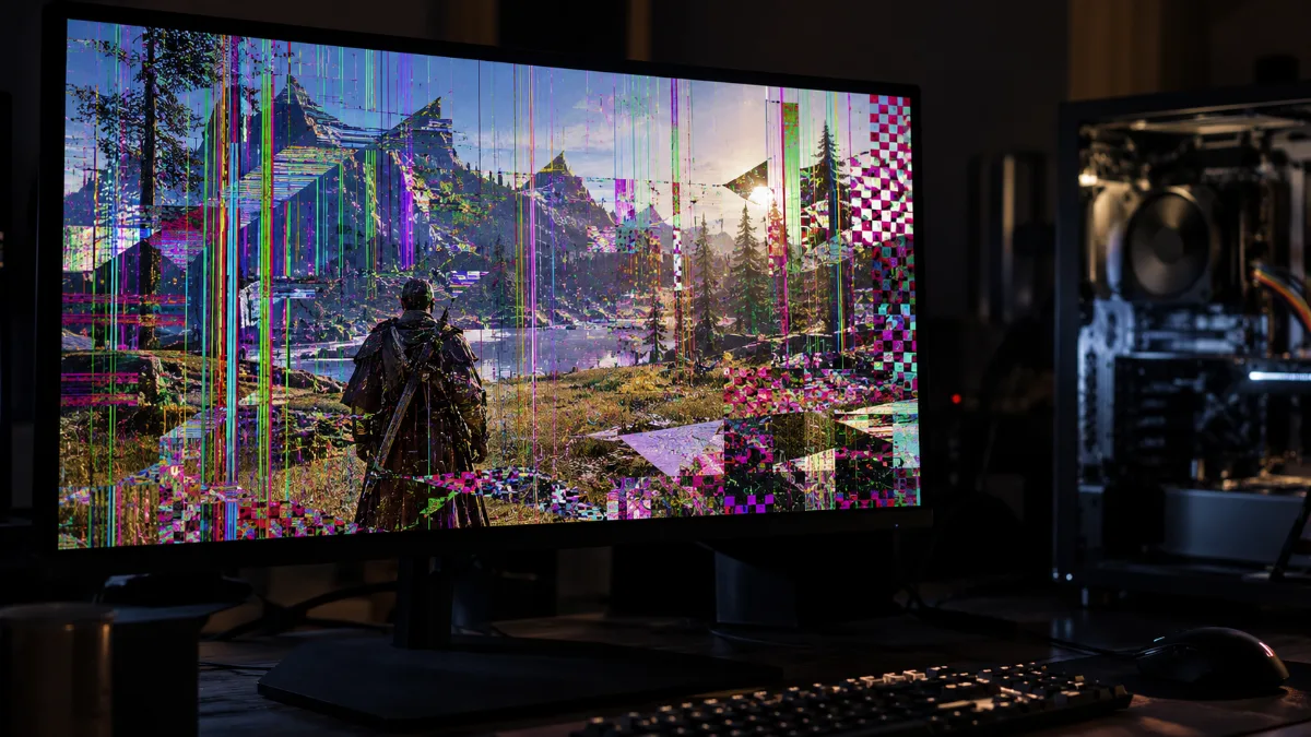Écran de PC gamer affichant des artefacts graphiques : lignes colorées, damiers de pixels et textures corrompues
