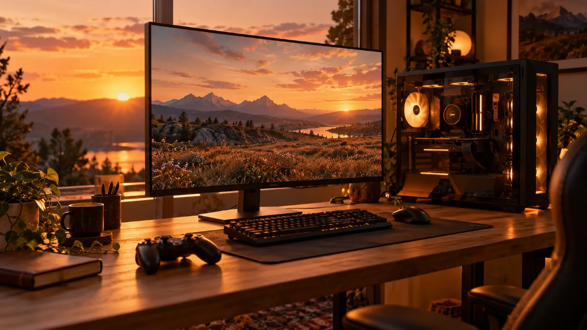 Gamer desk with gaming PC and a monitor showing vast plains at sunset