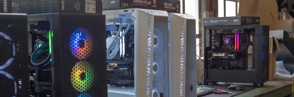 Meerdere gaming-pc-behuizingen met zijruit die compatibel zijn met RTX 5000-grafische kaarten