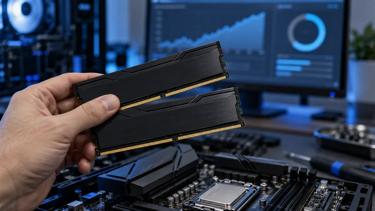 Main tenant deux barrettes de RAM DDR5 devant un écran affichant l'utilisation de la mémoire