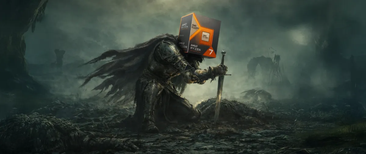 Illustratie van een ridder in harnas waarvan de helm een doos is van de Ryzen 7 7800X3D, symbool van de vroegere koning van gaming-CPU’s