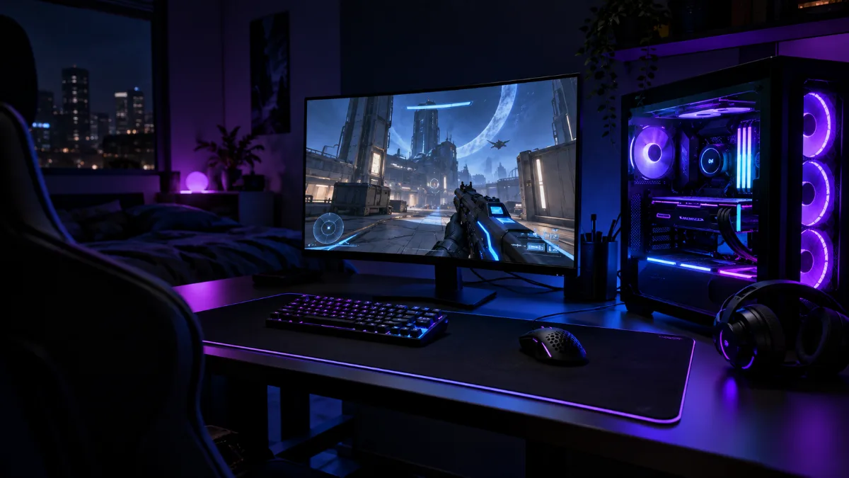 Competitieve gaming setup met een high-refresh-rate monitor en een RGB-pc in een donkere ruimte
