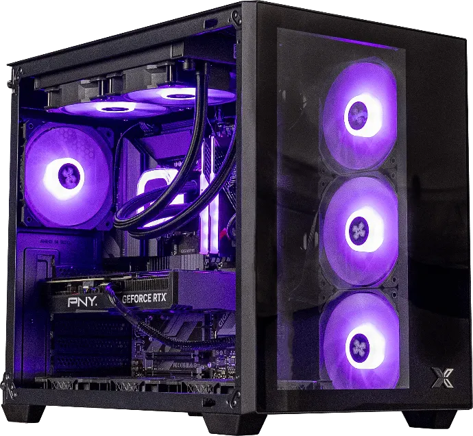 FlowUP compact gaming PC with purple RGB fans